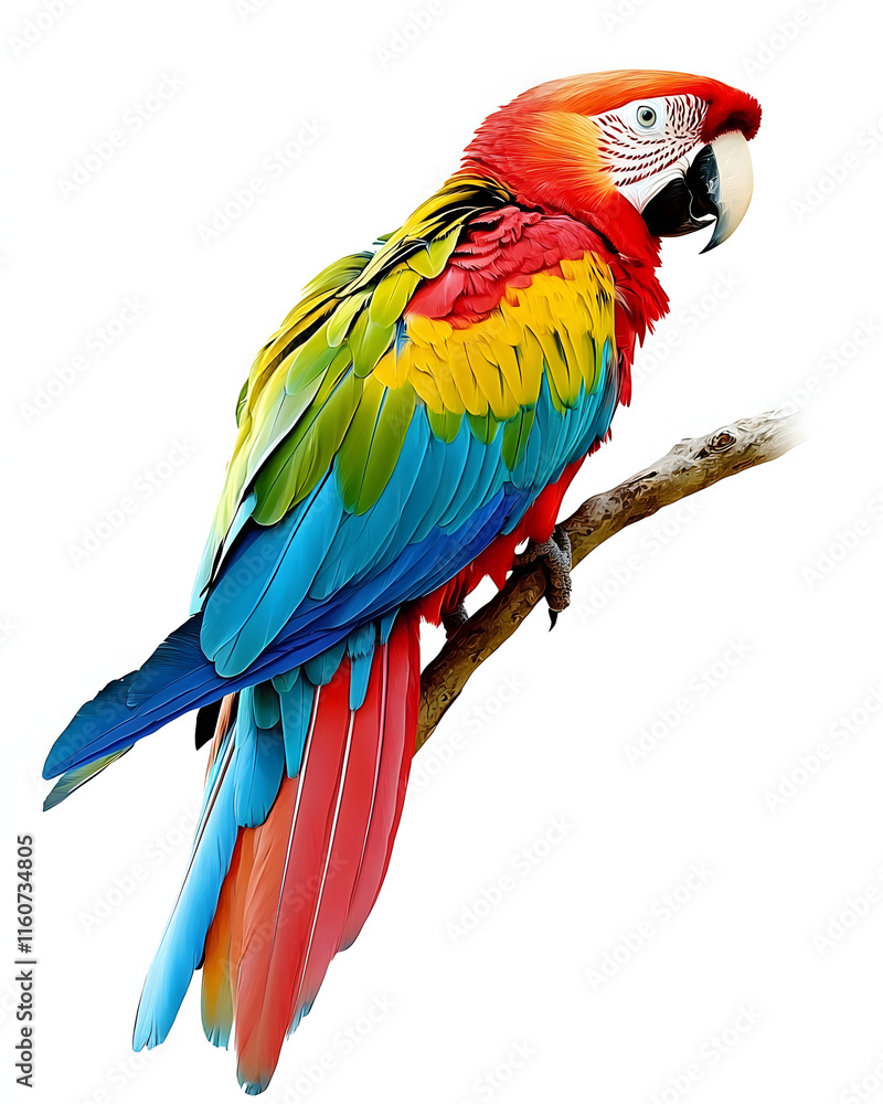 Obraz premium Colorful Scarlet Macaw Parrot Perched on Branch Illustration 