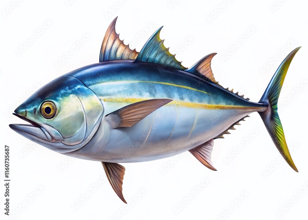 Fototapeta premium Tuna fish studio portrait, white backdrop. A close-up shot.