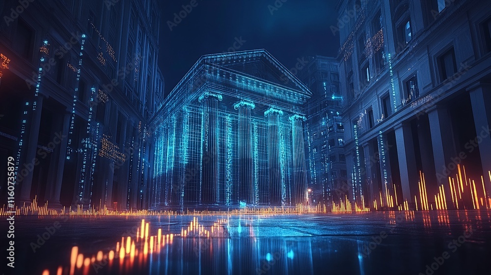 Obraz premium A futuristic cityscape with a large building at its center, featuring blue and orange lights that resemble financial data streams.