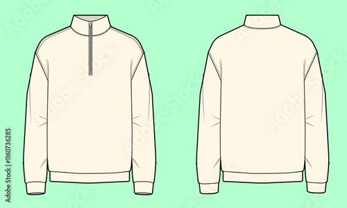 Men's funnel neck half zip-through sweater outline drawing flat sketch. 