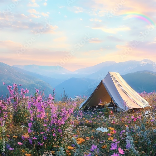 Scenic campsite surrounded by vibrant wildflowers and majestic mountains under a rainbow. photo