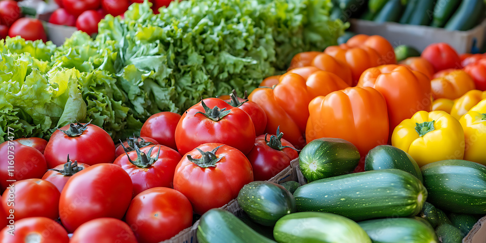 A vibrant selection of fresh vegetables and ripe tomatoes arranged beautifully, perfect for a healthy meal or salad A vibrant selection of fresh vegetables and ripe tomatoes arranged beautifully, perfect for a healthy meal or salad