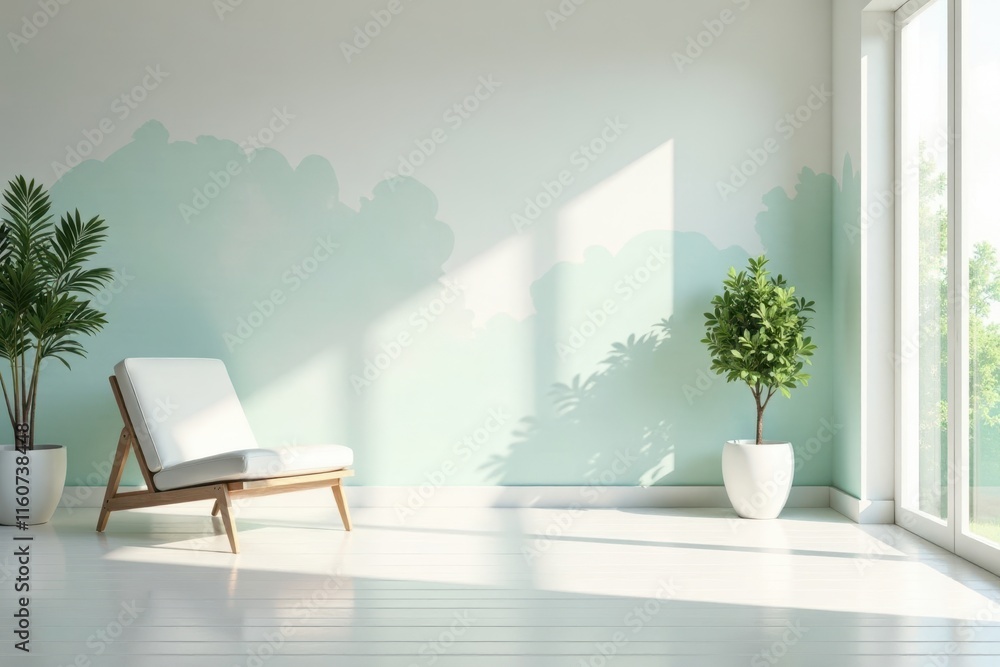 Fototapeta premium Serene Minimalist Room Interior Design Featuring a Modern Chair and Lush Greenery Against a Soft Mint Wall