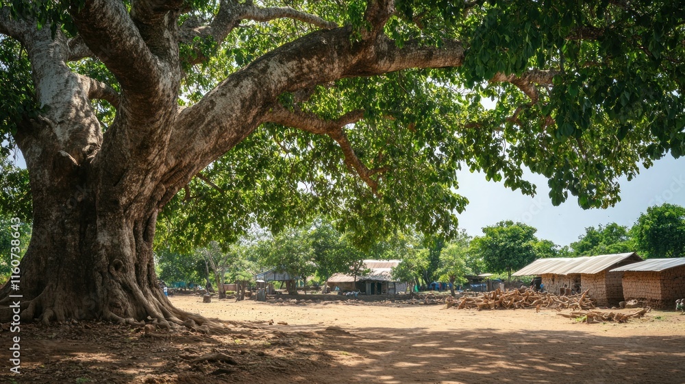 Majestic tree shades village scene. Majestic tree shades village scene.