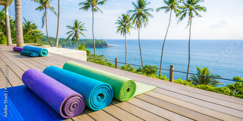 Fototapeta Naklejka Na Ścianę i Meble -  yoga mats on a deck overlooking the ocean