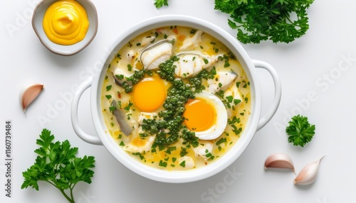 Delicious Bourride Fish Stew Served with Creamy Aioli and Fresh Herbs in Upscale Presentation photo