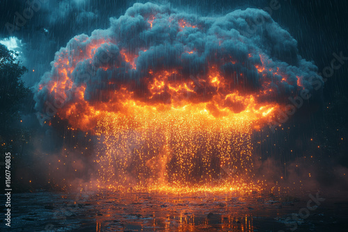 A surreal depiction of war as a storm cloud raining glowing sparks over a battlefield, photo