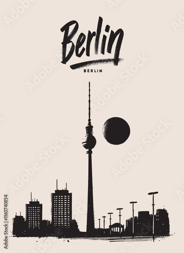 Berlin poster.  Hand drawn Berlin cityscape with Fernsehturm in bold black brush strokes.