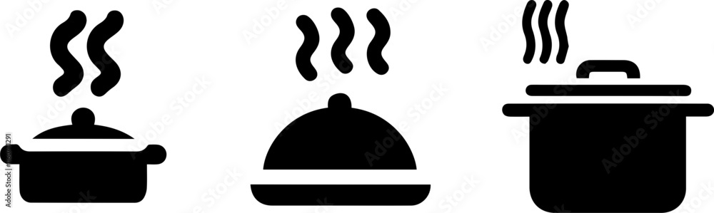 Cooking Pot and Pan Icon Set in Black Silhouettes Cooking Pot and Pan Icon Set in Black Silhouettes
