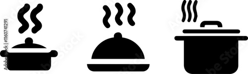 Cooking Pot and Pan Icon Set in Black Silhouettes