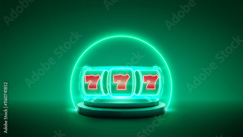 Slot machine neon jackpot on the glossy podium with glowing led ring. Casino web banner on bright green background. Vector illustration