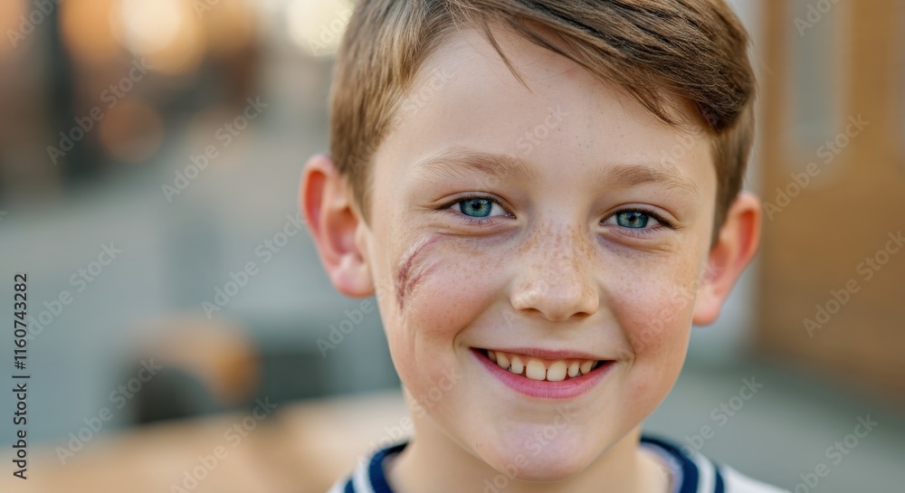 Smiling caucasian boy with freckles and scar in urban background Smiling caucasian boy with freckles and scar in urban background