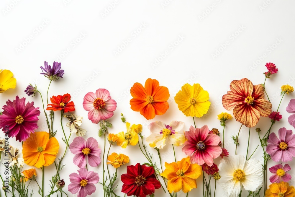 Fototapeta premium Colorful array of fresh flowers arranged beautifully on a white background