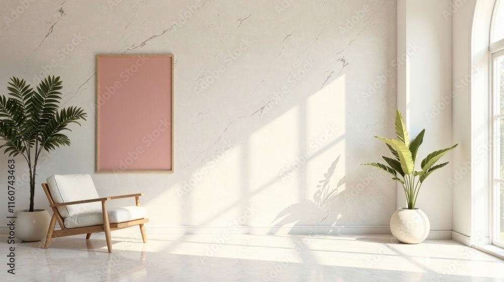 Fototapeta premium Serene Minimalist Interior Design Featuring a Light Pink Framed Wall Art, a Comfortable Armchair, and Lush Potted Plants Basking in Sunlight