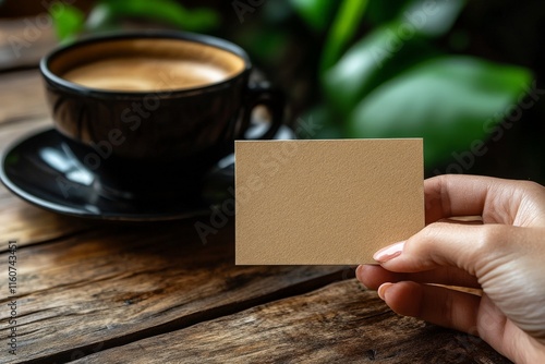 Coffee cup and hand holding blank card on wooden table in a cozy cafe setting photo