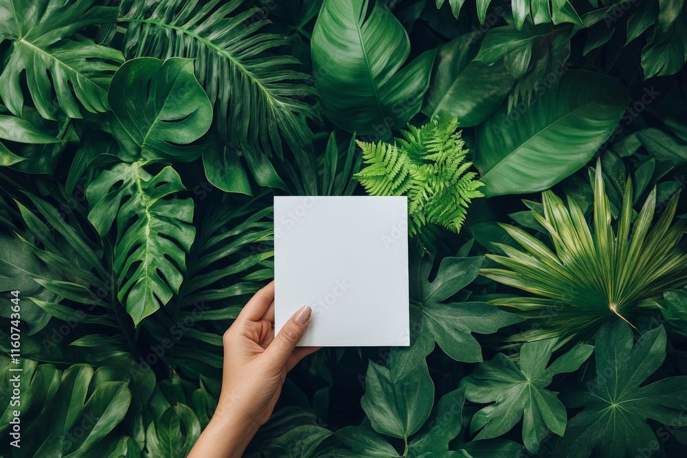 Hand holding a blank sheet of paper among vibrant green tropical leaves in a natural setting Hand holding a blank sheet of paper among vibrant green tropical leaves in a natural setting