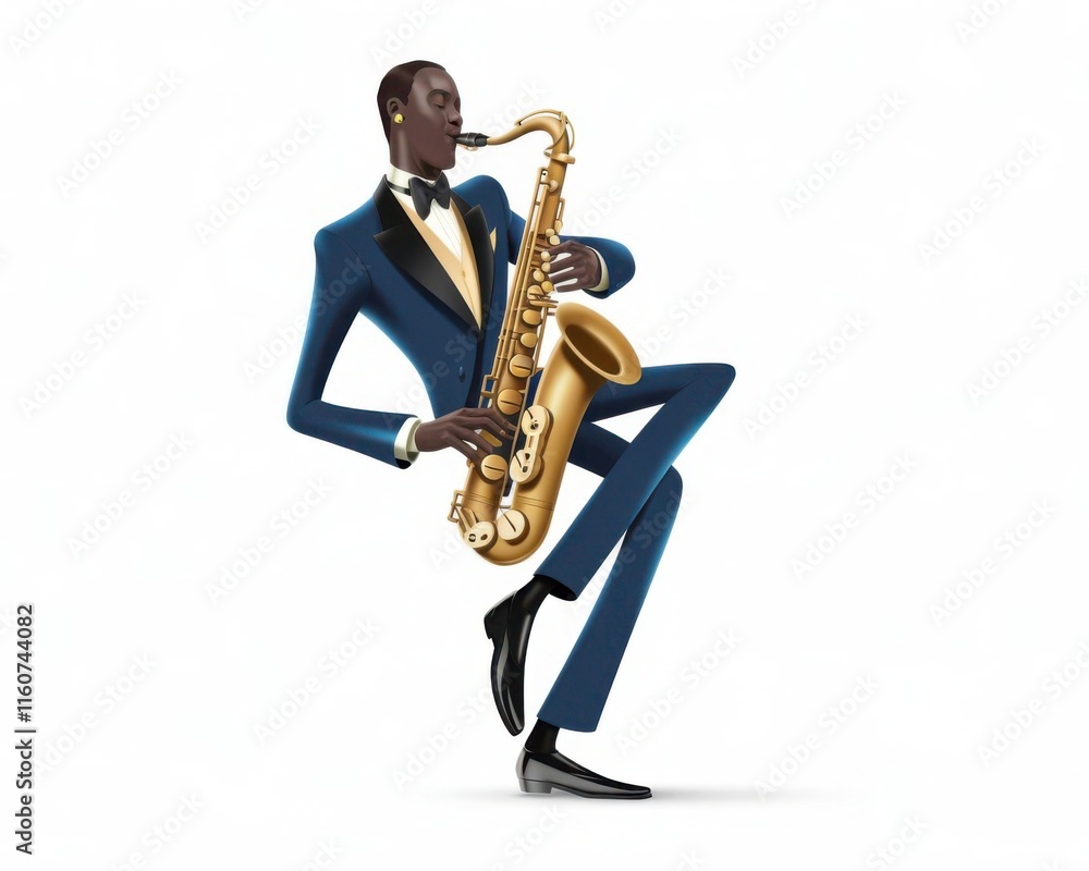 Naklejka premium 3D Saxophonist Playing Smooth Melody in Stylish Attire Against Light Background