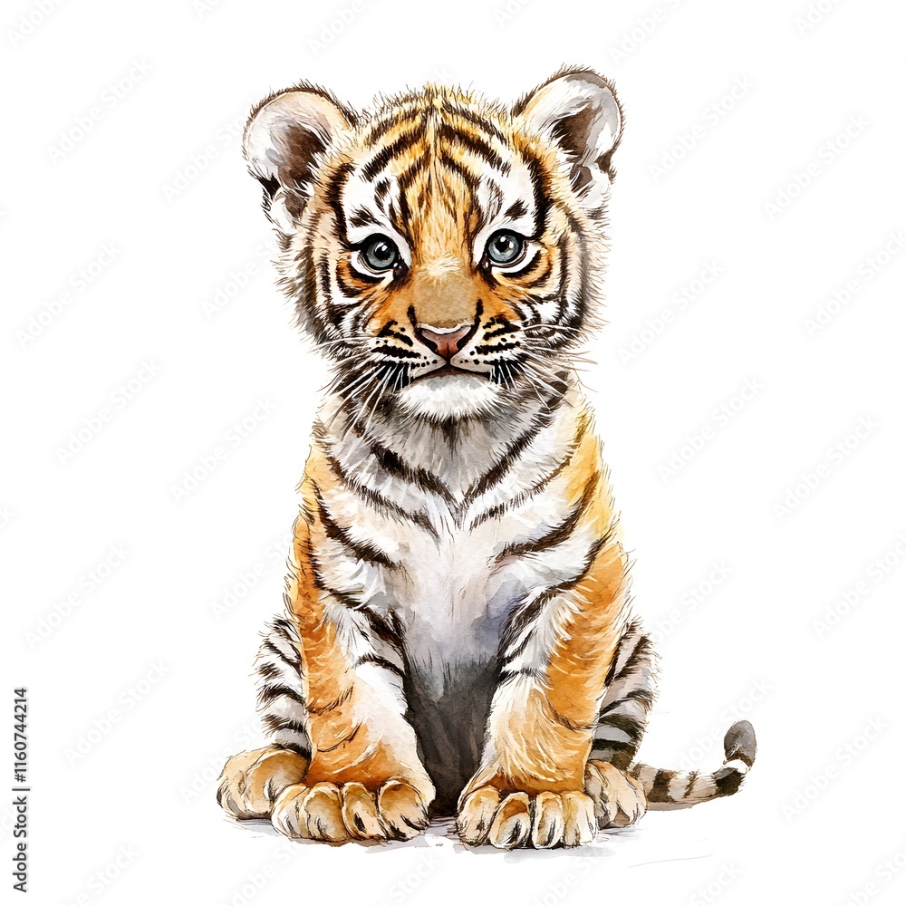 Fototapeta premium Adorable Tiger Cub: Watercolor Portrait of a Sitting Bengal