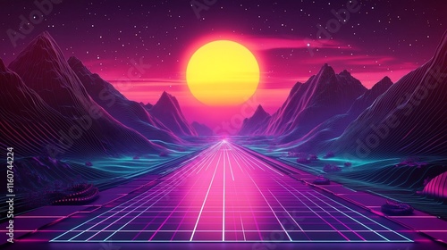 Retro futuristic landscape with vibrant sunset, highway, and mountains.