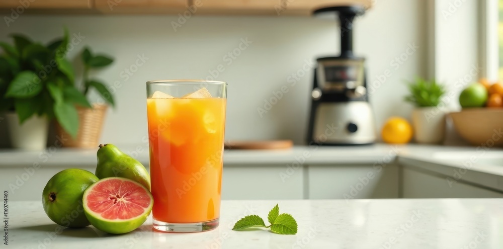 Fototapeta premium Refreshing citrus juice with ice in a tall glass, accompanied by whole and halved exotic fruits on a kitchen counter with a juicer in the background