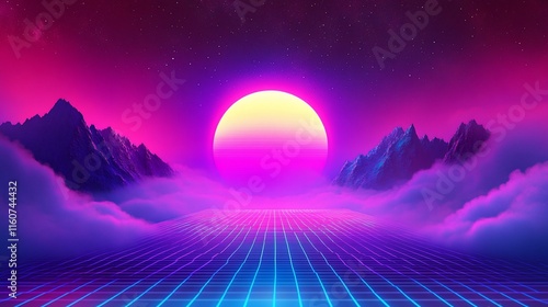 Retro futuristic landscape with vibrant pink and purple sunset over mountains and grid.