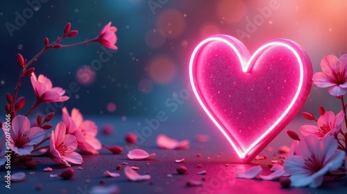 Glowing Heart Symbol Amidst Delicate Pink Blossoms and Falling Petals