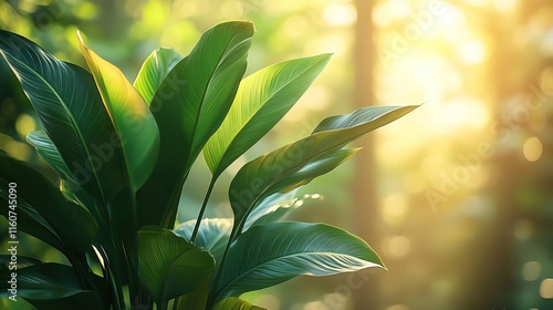 A natural, sustainable, green houseplant with leaves represents a garden hobby, agro decoration, growth, and ecology. This floral strelitzia nicolai symbolizes greenery, botany, and horticulture photo