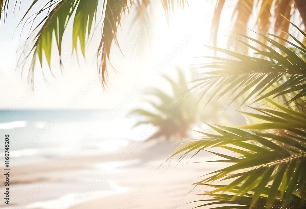 Fototapeta premium Blurred Tropical Beach Background with Palm Leaves and Ocean View