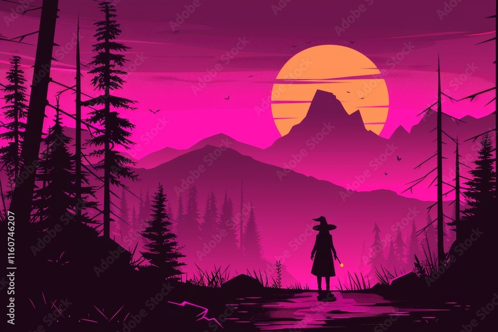 Naklejka premium Vibrant sunset over mountains with a silhouette of a person in a mystical landscape