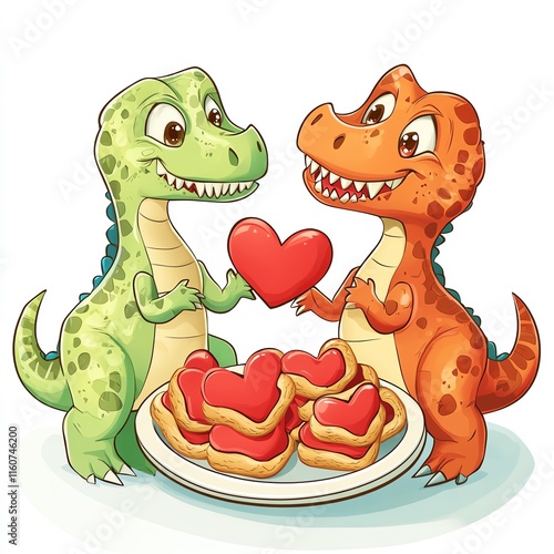 Two cheerful dinosaurs share a heart-shaped cookie to celebrate love and friendship. photo