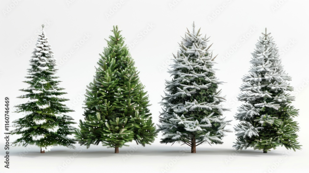 Obraz premium Four snow-covered Christmas trees isolated on white background.