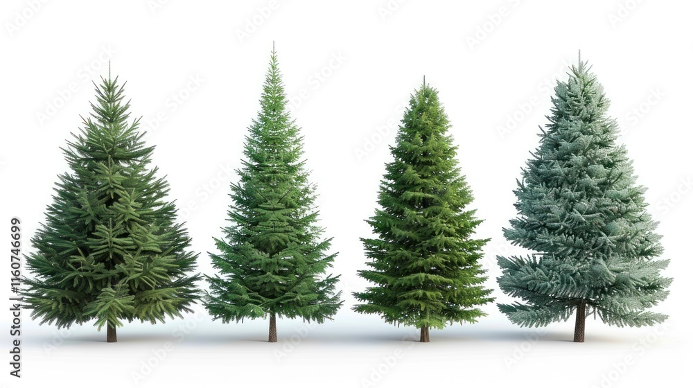 Obraz premium Four conifer trees isolated on white background. Different shades of green.