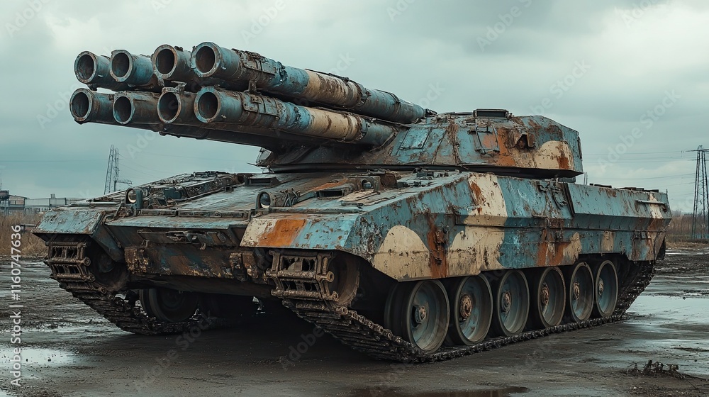 A heavily armed military tank featuring a prominent turret and multiple missile launchers, showcasing wear and camouflage. A heavily armed military tank featuring a prominent turret and multiple missile launchers, showcasing wear and camouflage.