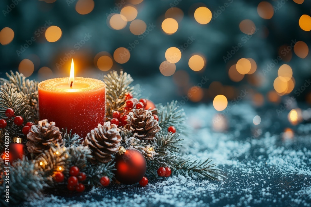 Candle surrounded by festive decorations creates a cozy atmosphere in winter setting with soft lights Candle surrounded by festive decorations creates a cozy atmosphere in winter setting with soft lights