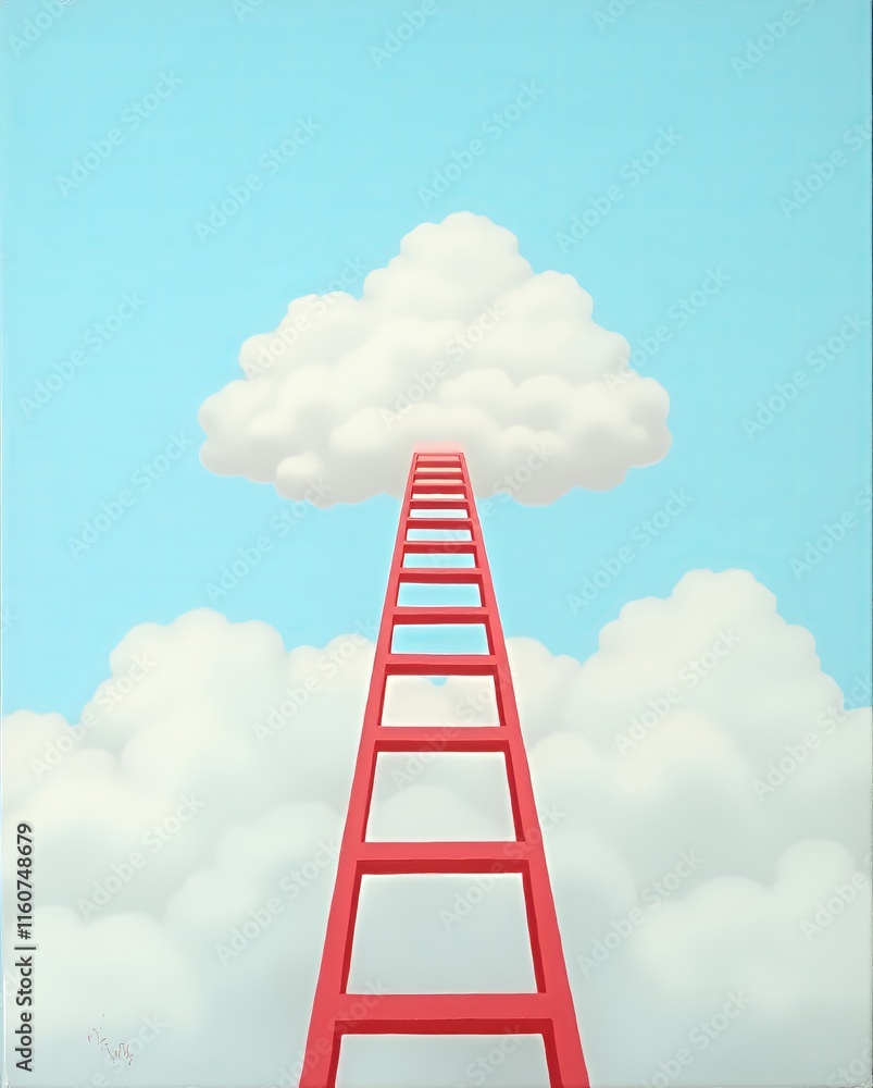 there is a red ladder going up to a cloud in the sky.