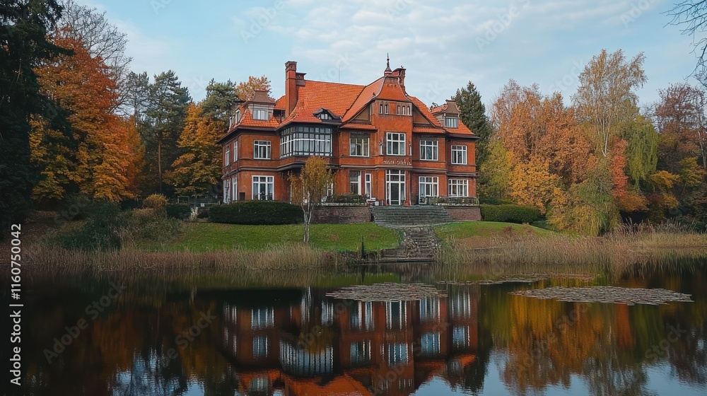 Fototapeta premium Autumnal mansion reflected in a tranquil pond.