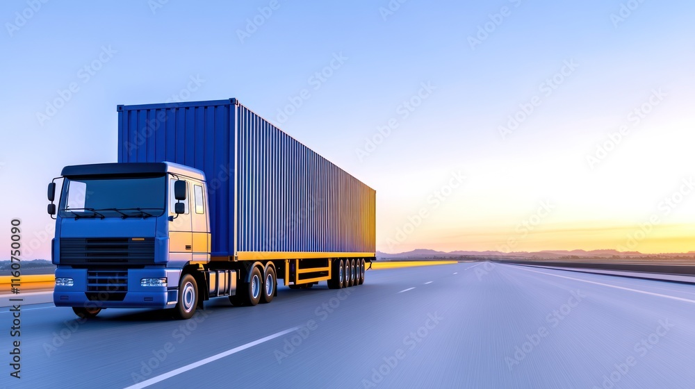 A blue truck transporting a container on an open road at sunset. A blue truck transporting a container on an open road at sunset.