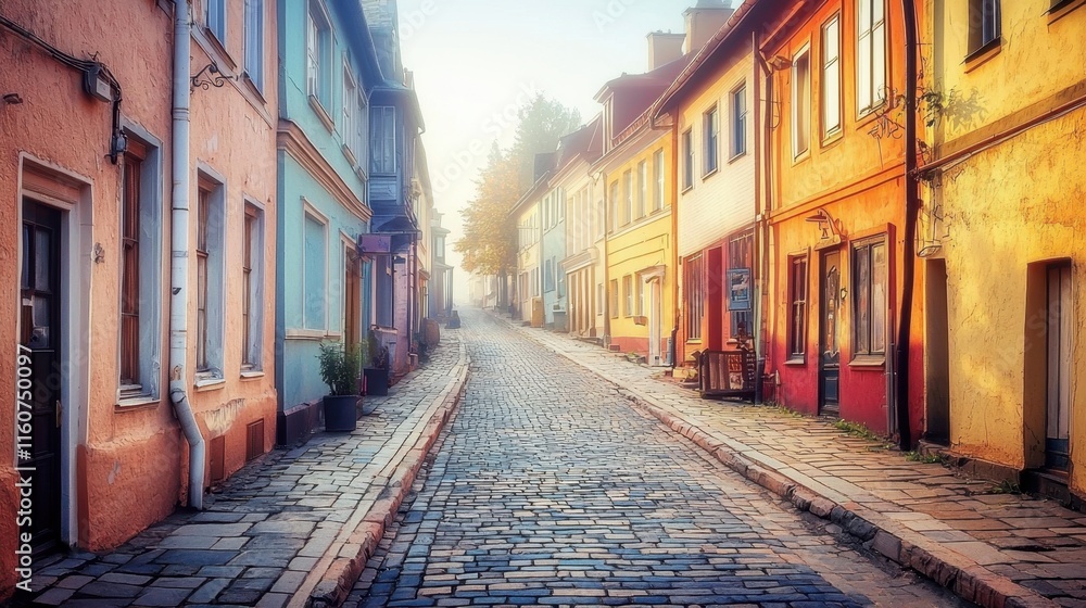 Vibrant brick street adorned with charming row houses. Vibrant brick street adorned with charming row houses.