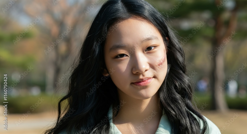 Asian teen girl with long black hair smiling outdoors in a park setting Asian teen girl with long black hair smiling outdoors in a park setting