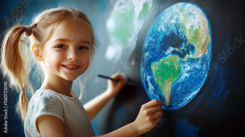 Fototapeta Naklejka Na Ścianę i Meble -  a white girl child draws a mural of the planet Earth on the wall with his hand