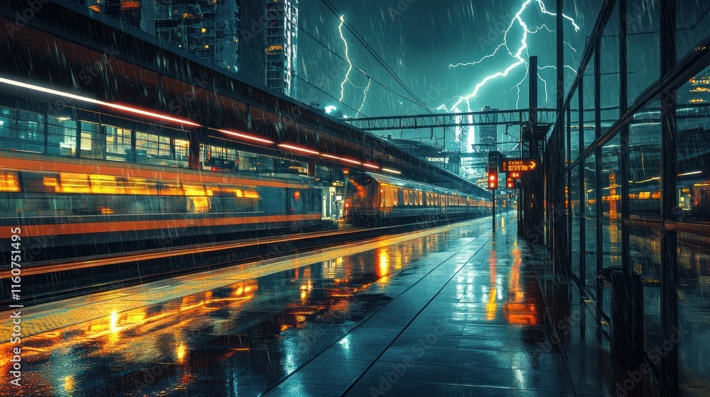Fototapeta premium Night train station during thunderstorm.