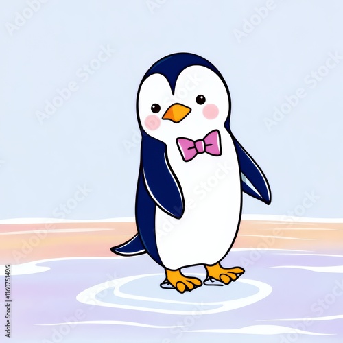 there is a cartoon penguin with a bow tie standing in the water.