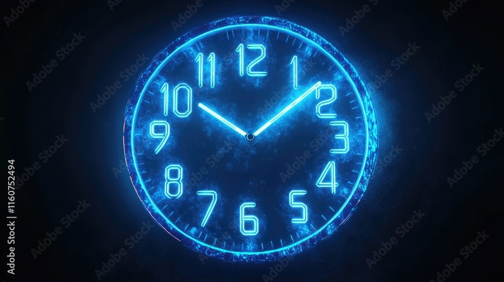 Futuristic glowing digital clock light effect with neon blue silhouette Futuristic glowing digital clock light effect with neon blue silhouette