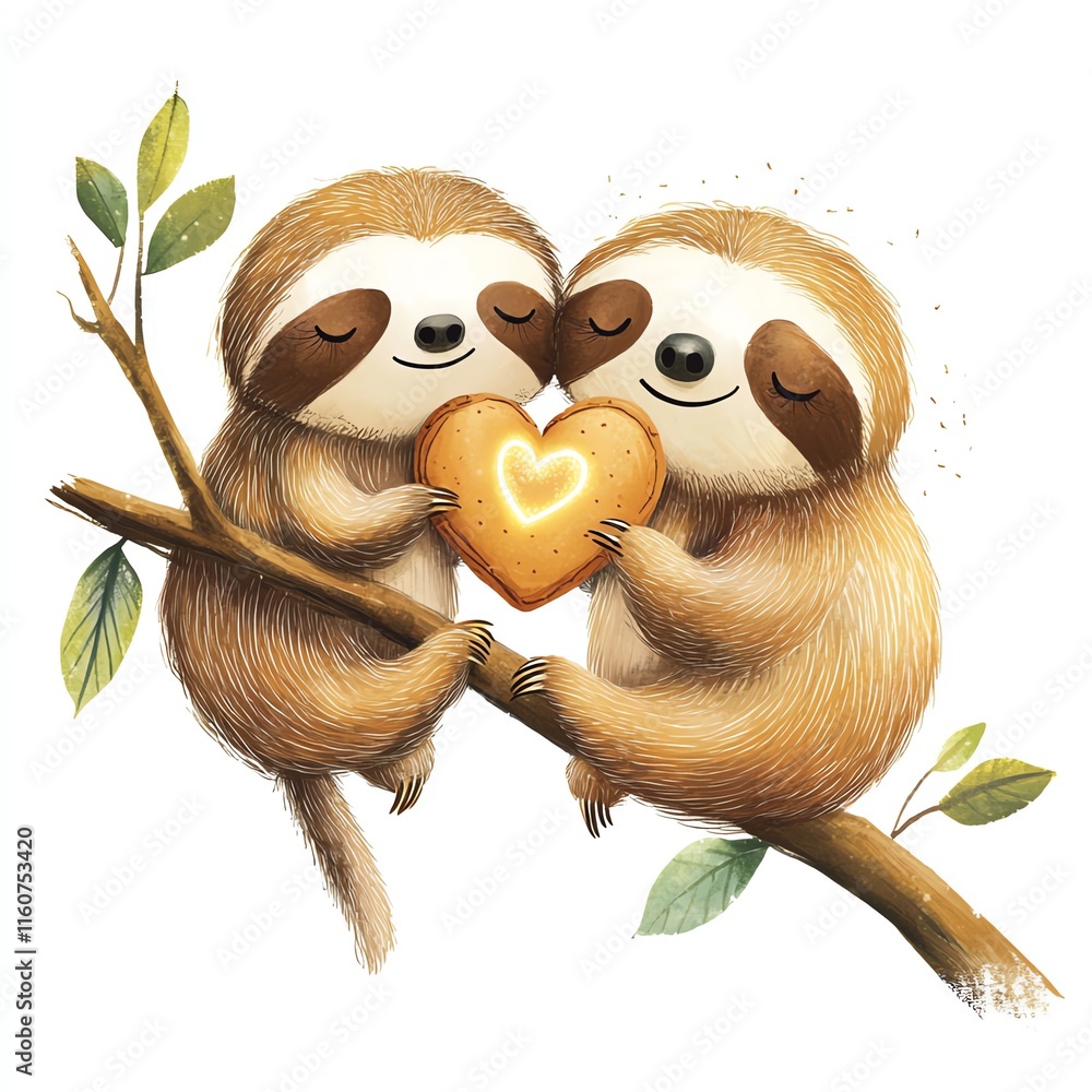Obraz premium Two cute sloths in love, holding a heart-shaped cookie on a tree branch.