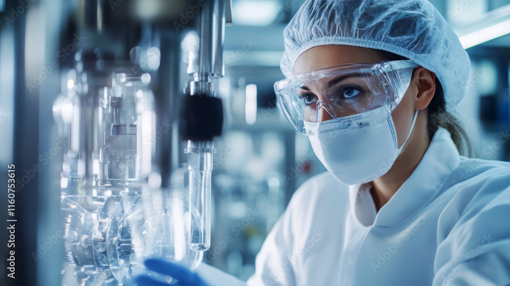 An industrial worker in protective glasses operating machinery in a factory. An industrial worker in protective glasses operating machinery in a factory.