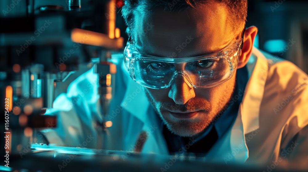 Technician in protective glasses inspecting machinery in industrial facility Technician in protective glasses inspecting machinery in industrial facility