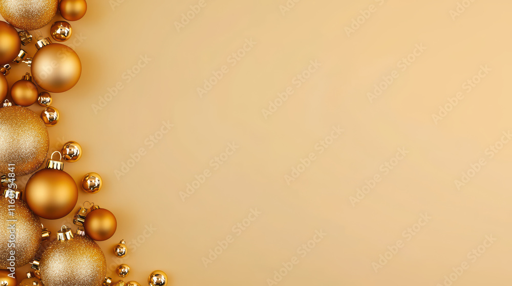 Golden Christmas ornaments arranged beautifully on warm background, creating festive atmosphere Golden Christmas ornaments arranged beautifully on warm background, creating festive atmosphere