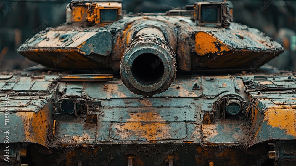 A military tank with distinctive camouflage and a prominent cannon, highlighting its armored design. A military tank with distinctive camouflage and a prominent cannon, highlighting its armored design.