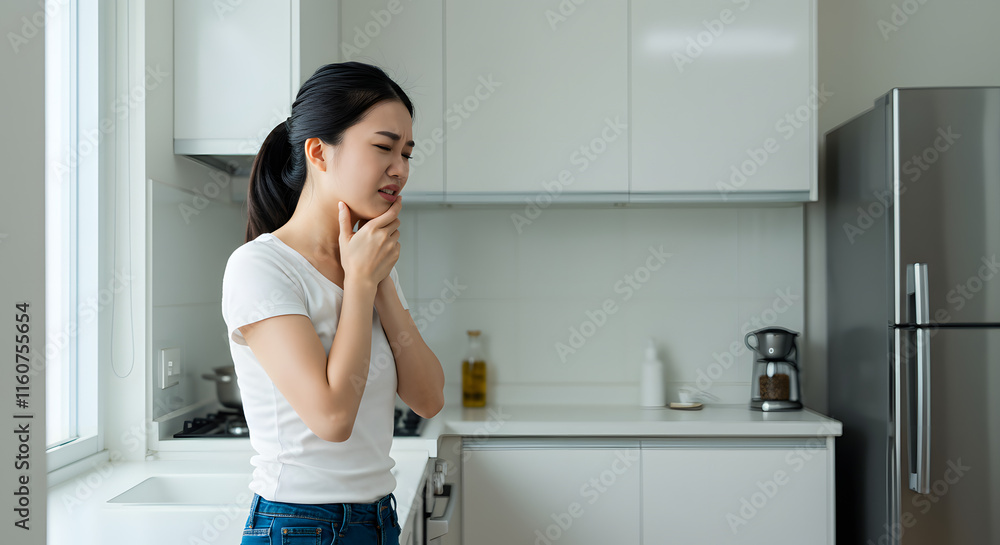 Woman Experiencing Throat Pain Modern Kitchen Setting Casual Wear Woman Experiencing Throat Pain Modern Kitchen Setting Casual Wear