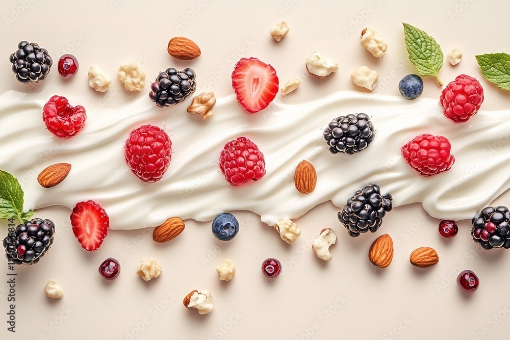 Creamy yogurt base adorned with vibrant berries, nuts, and fresh Creamy yogurt base adorned with vibrant berries, nuts, and fresh